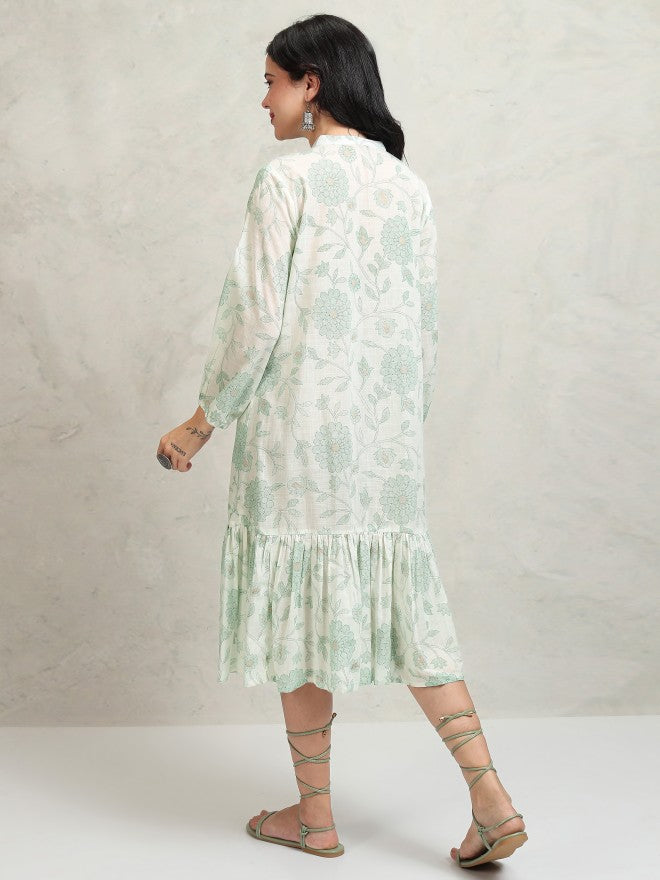 Vishudh women Green Printed Drop-Waist Dress - Green - Image 3