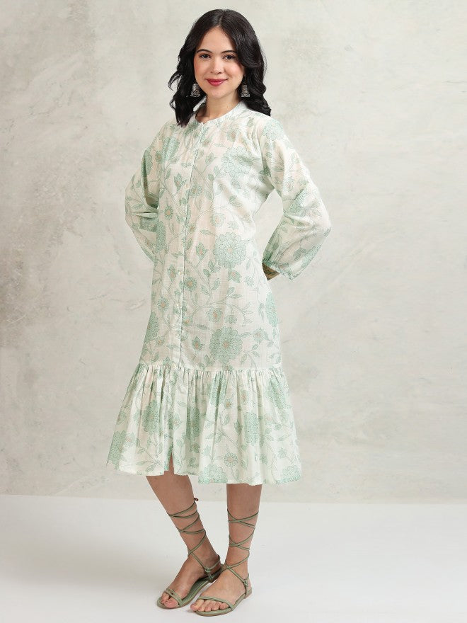 Vishudh women Green Printed Drop-Waist Dress - Green - Image 4