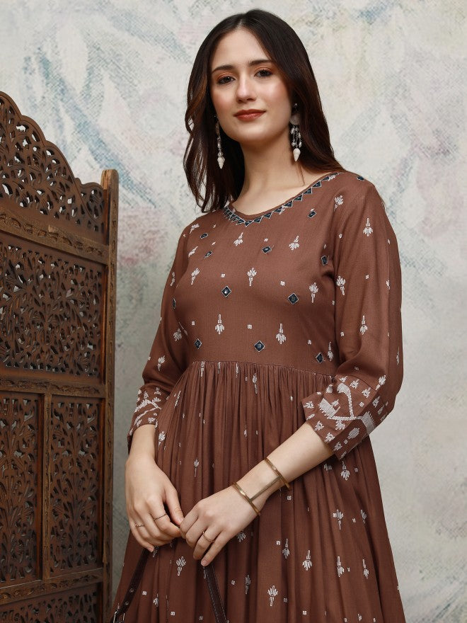 Vishudh women Brown Embroidered A-Line Dress - Brown - Image 1