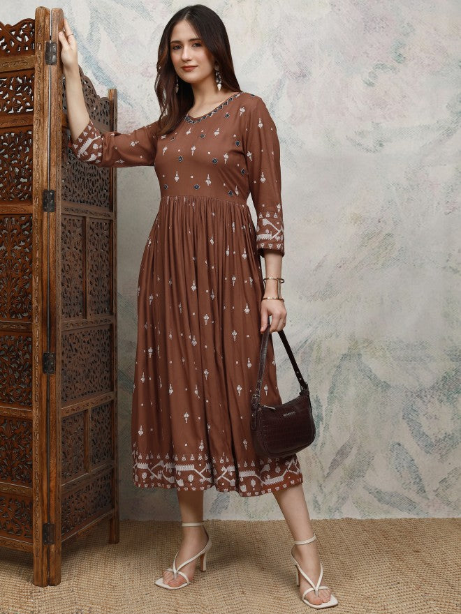 Vishudh women Brown Embroidered A-Line Dress - Brown - Image 2