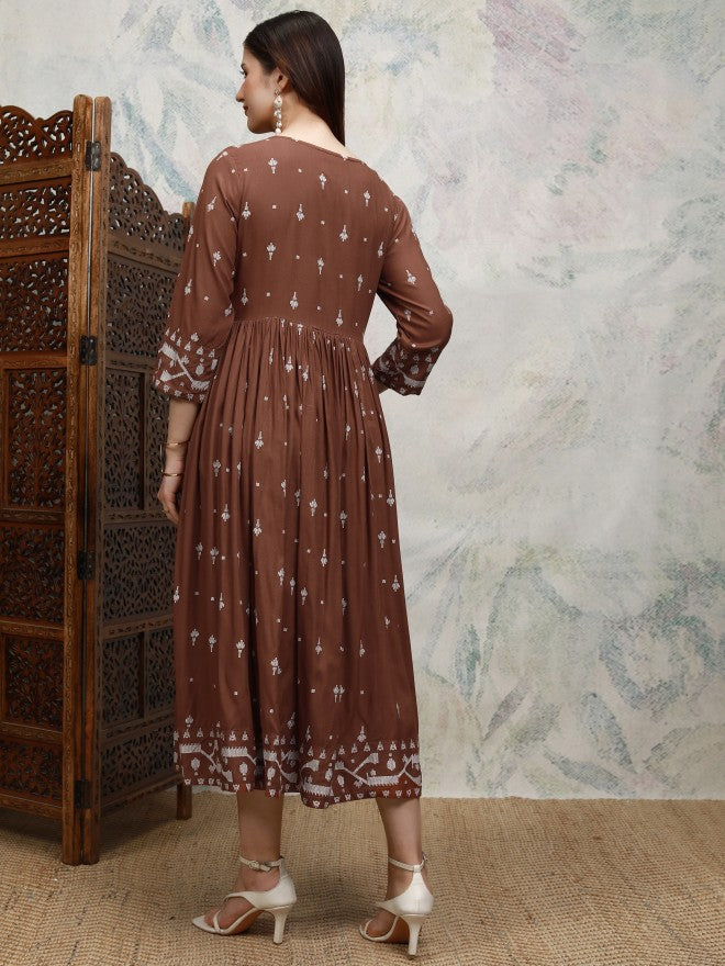 Vishudh women Brown Embroidered A-Line Dress - Brown - Image 3