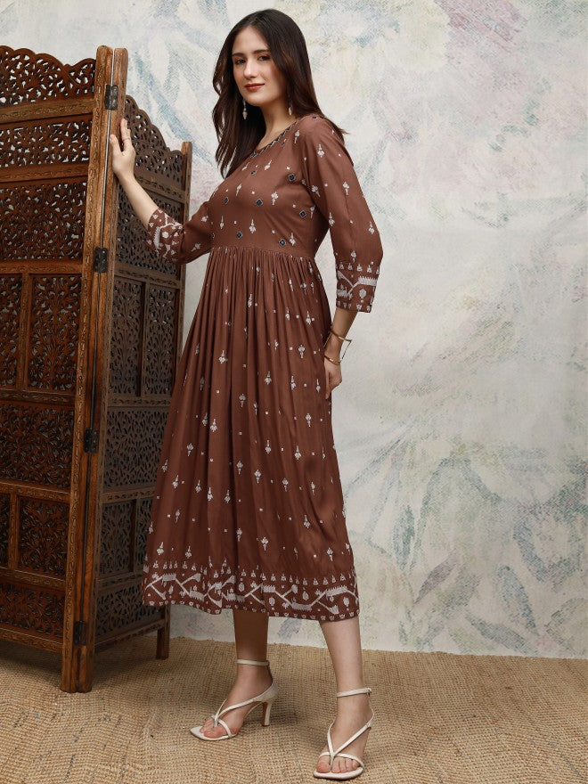 Vishudh women Brown Embroidered A-Line Dress - Brown - Image 4