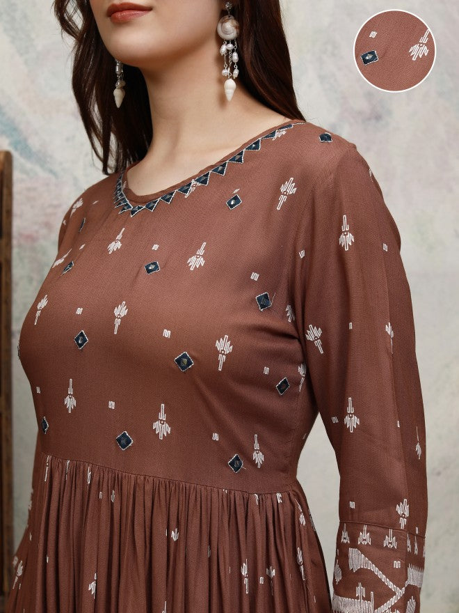 Vishudh women Brown Embroidered A-Line Dress - Brown - Image 5