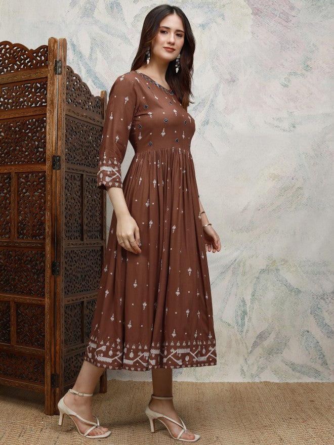 Vishudh women Brown Embroidered A-Line Dress - Brown - Image 6