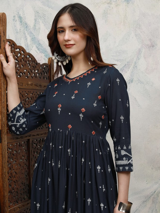 Vishudh women Blue Embroidered A-Line Dress - Blue - Image 1