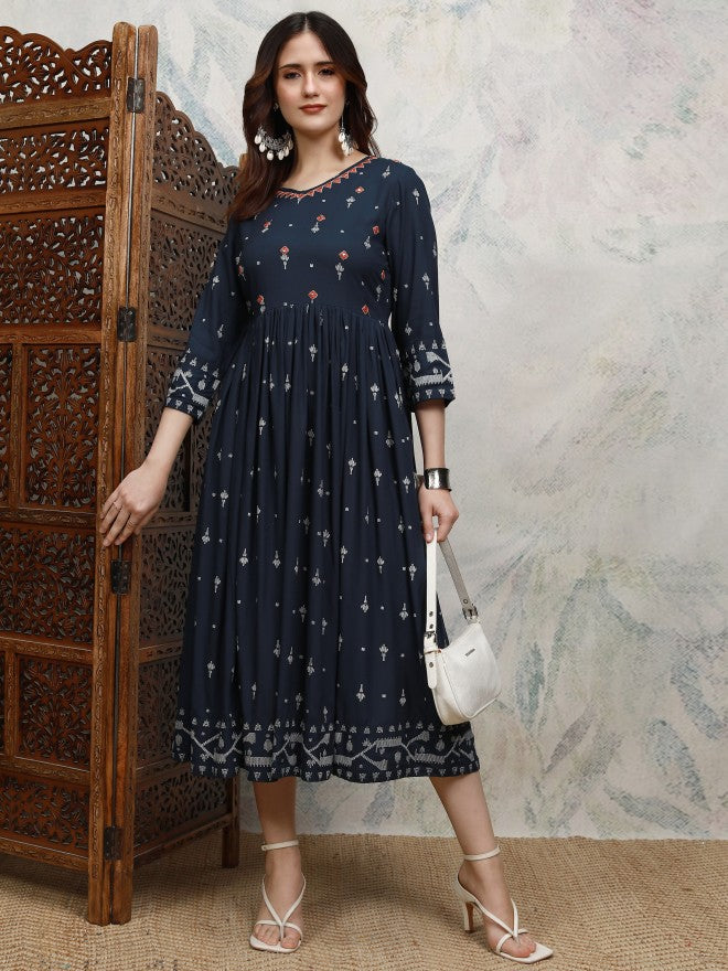 Vishudh women Blue Embroidered A-Line Dress - Blue - Image 2