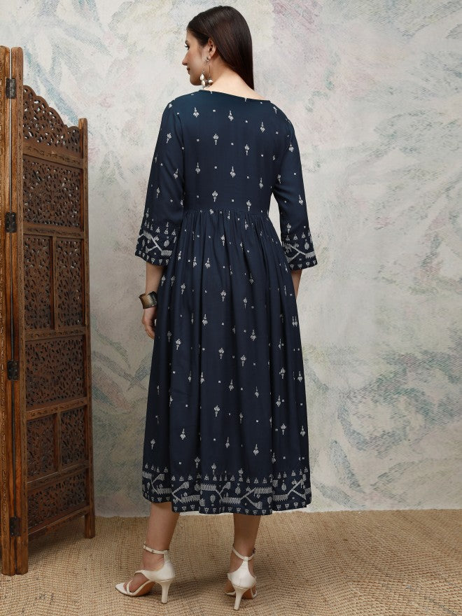 Vishudh women Blue Embroidered A-Line Dress - Blue - Image 3