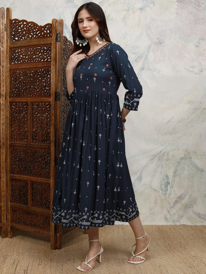 Vishudh women Blue Embroidered A-Line Dress - Blue - Image 4