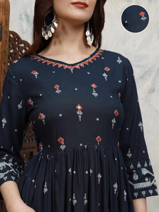 Vishudh women Blue Embroidered A-Line Dress - Blue - Image 5