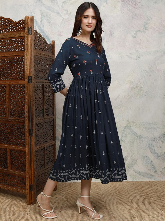 Vishudh women Blue Embroidered A-Line Dress - Blue - Image 6