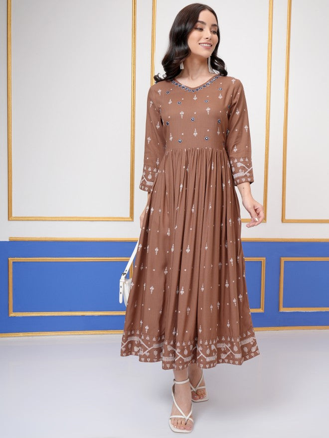 Vishudh Women Brown Embroidered Maxi Dress - Brown - Image 2