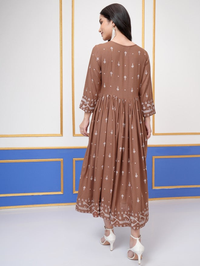Vishudh Women Brown Embroidered Maxi Dress - Brown - Image 3