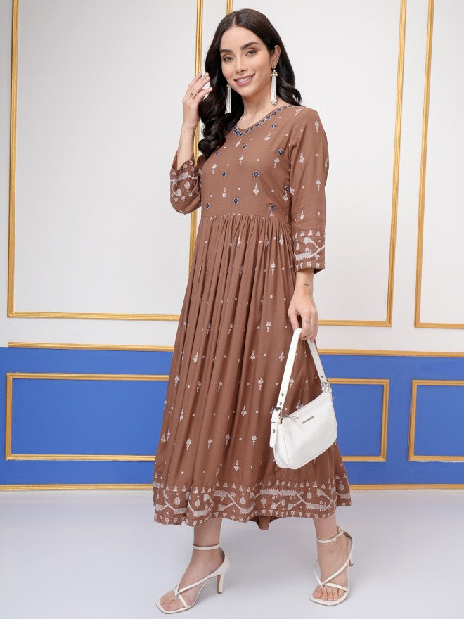 Vishudh Women Brown Embroidered Maxi Dress - Brown - Image 4