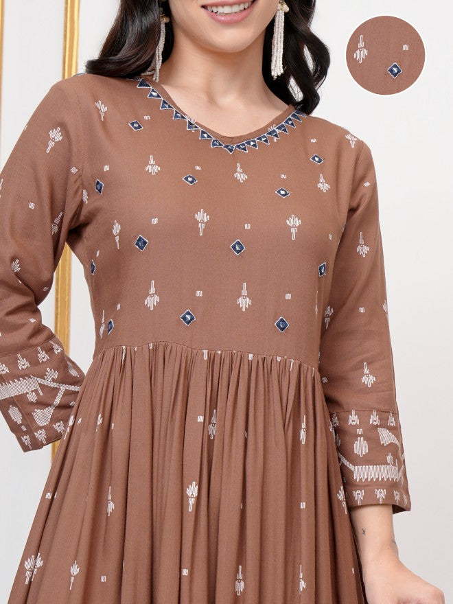 Vishudh Women Brown Embroidered Maxi Dress - Brown - Image 5