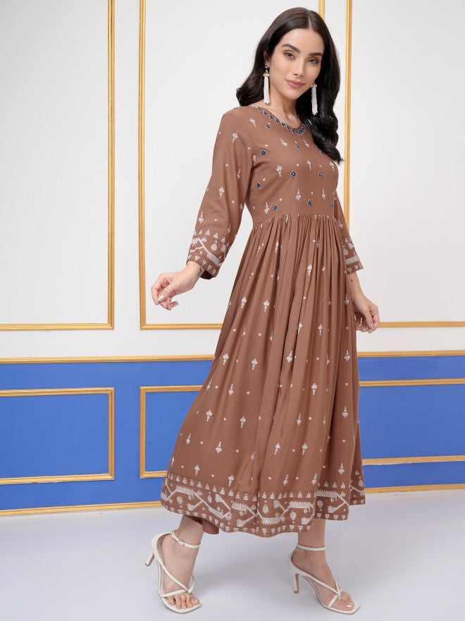 Vishudh Women Brown Embroidered Maxi Dress - Brown - Image 6