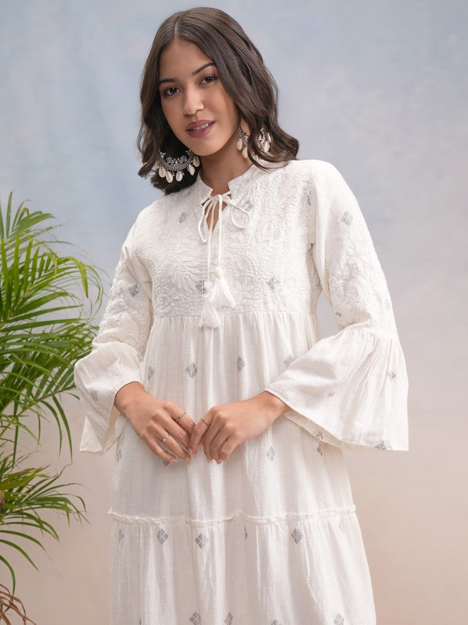 Vishudh Women Off White Embroidered A-Line Dress - Off White - Image 1