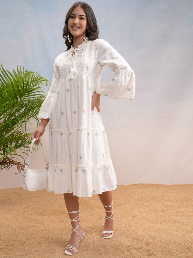 Vishudh Women Off White Embroidered A-Line Dress - Off White - Image 2
