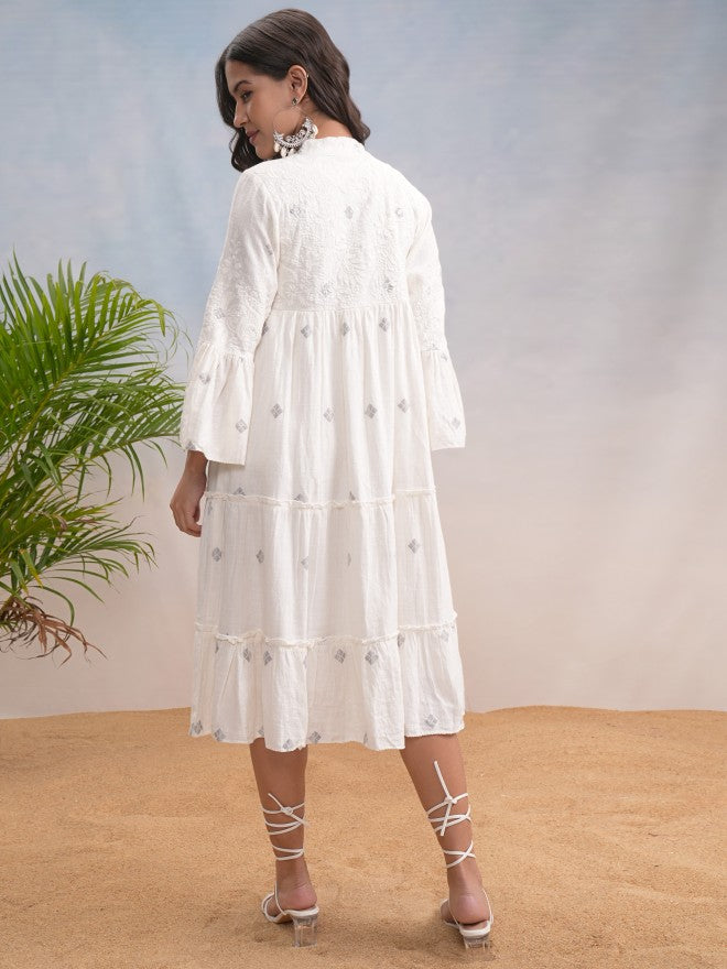 Vishudh Women Off White Embroidered A-Line Dress - Off White - Image 3