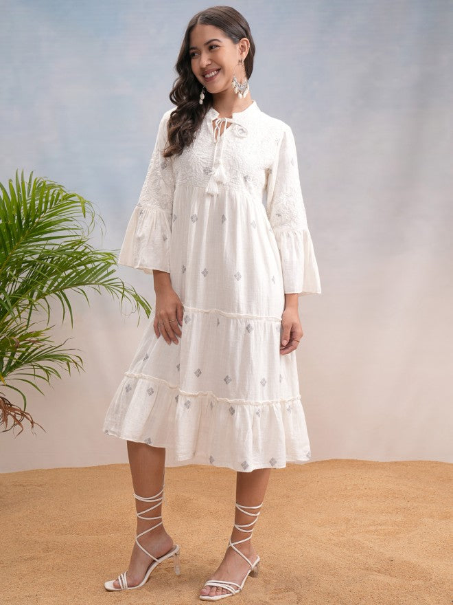 Vishudh Women Off White Embroidered A-Line Dress - Off White - Image 4