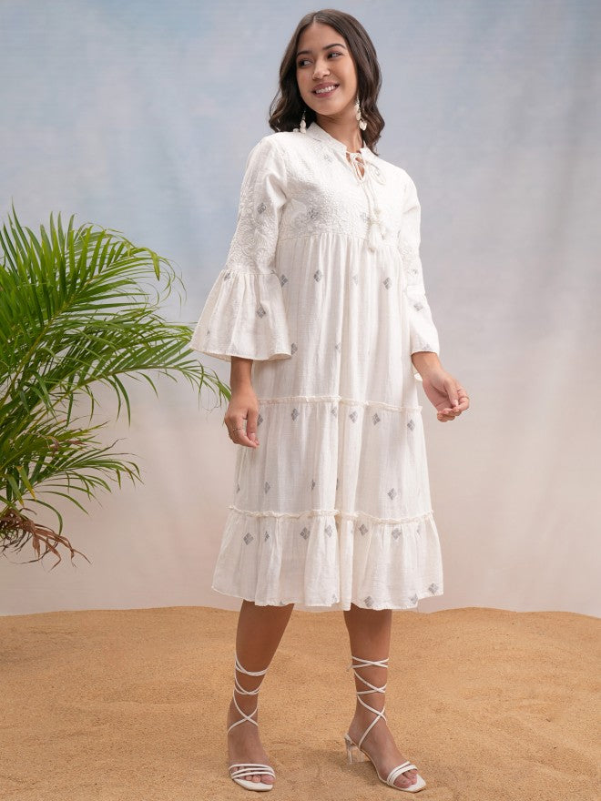 Vishudh Women Off White Embroidered A-Line Dress - Off White - Image 6