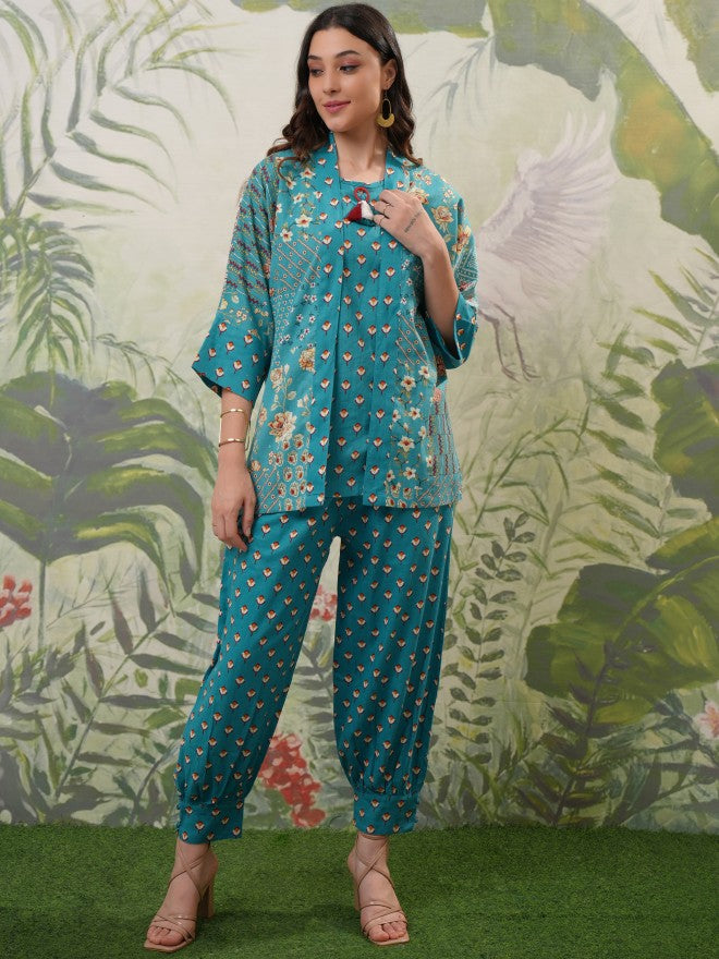Vishudh Women Turquoise Top With Trouser - Turquoise - Image 1