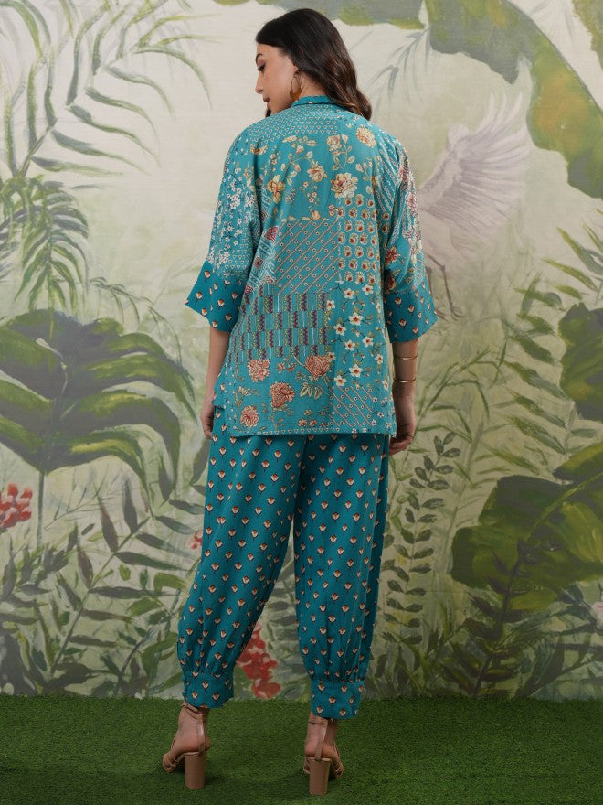 Vishudh Women Turquoise Top With Trouser - Turquoise - Image 3