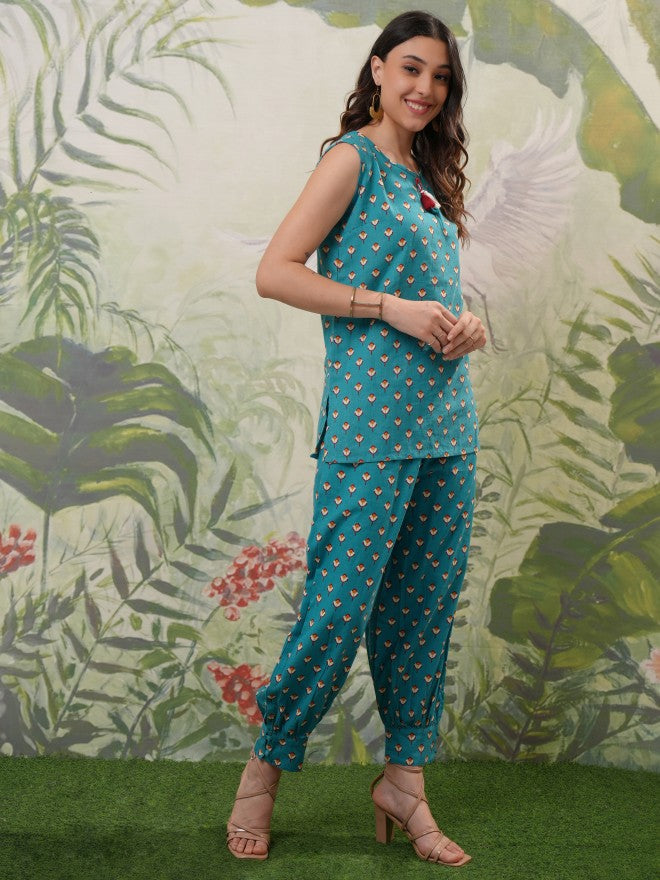Vishudh Women Turquoise Top With Trouser - Turquoise - Image 6