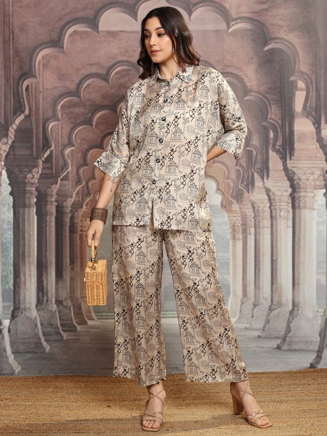 Vishudh Women Beige Shirt With Trouser - Beige - Image 1
