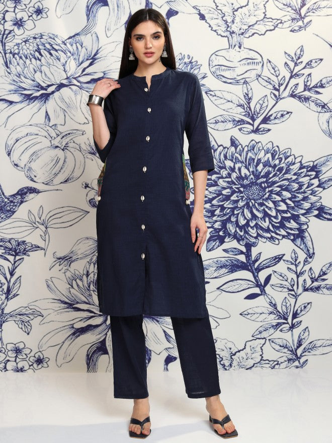 Vishudh Women Navy Blue Tunic With Trouser - Navy Blue - Image 1