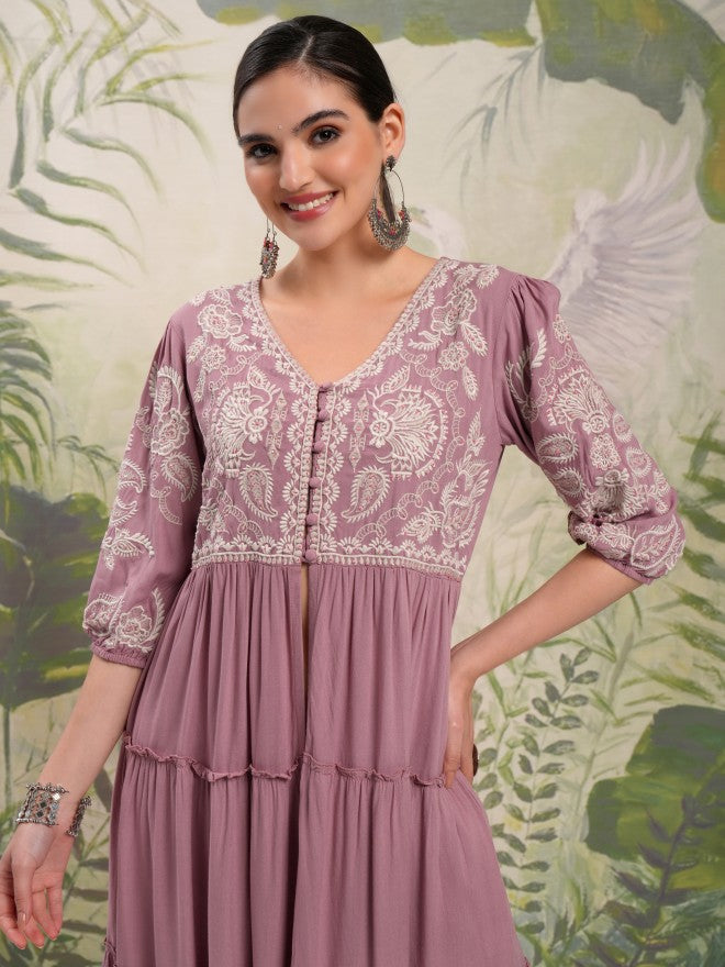 Vishudh Women Mauve Tunic With Trouser - Mauve - Image 1