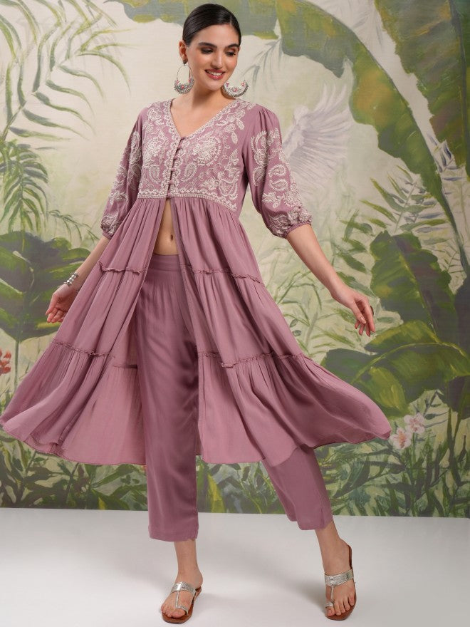 Vishudh Women Mauve Tunic With Trouser - Mauve - Image 2