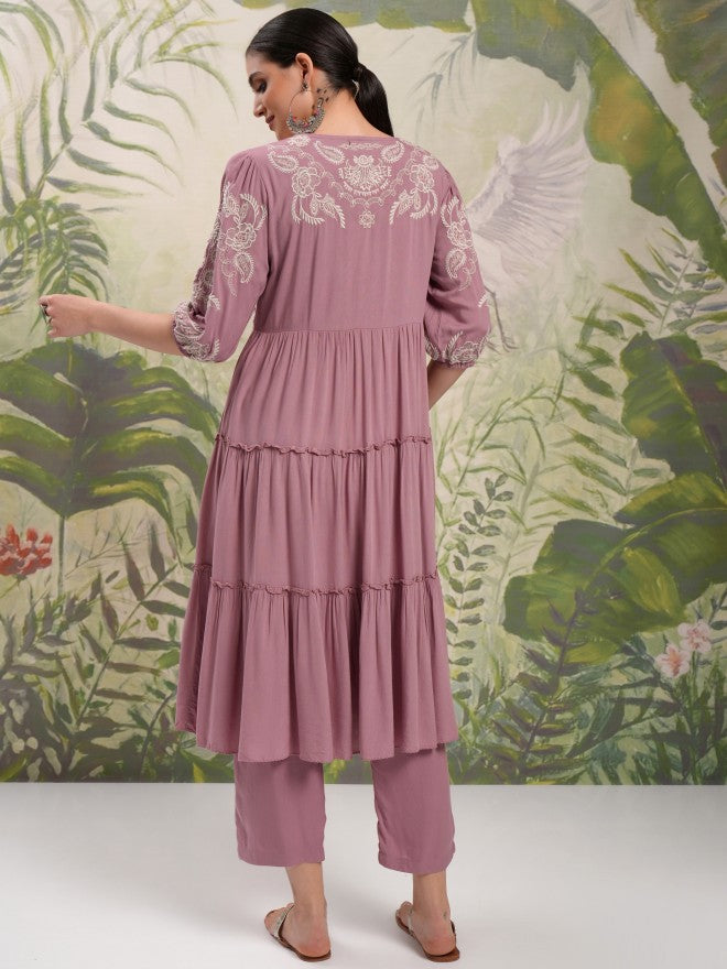 Vishudh Women Mauve Tunic With Trouser - Mauve - Image 3
