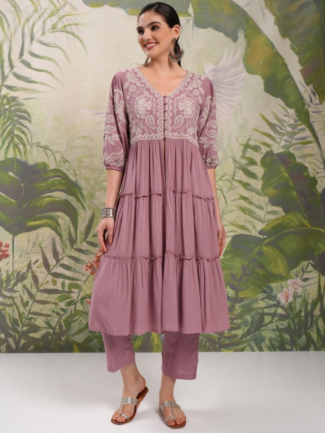 Vishudh Women Mauve Tunic With Trouser - Mauve - Image 4