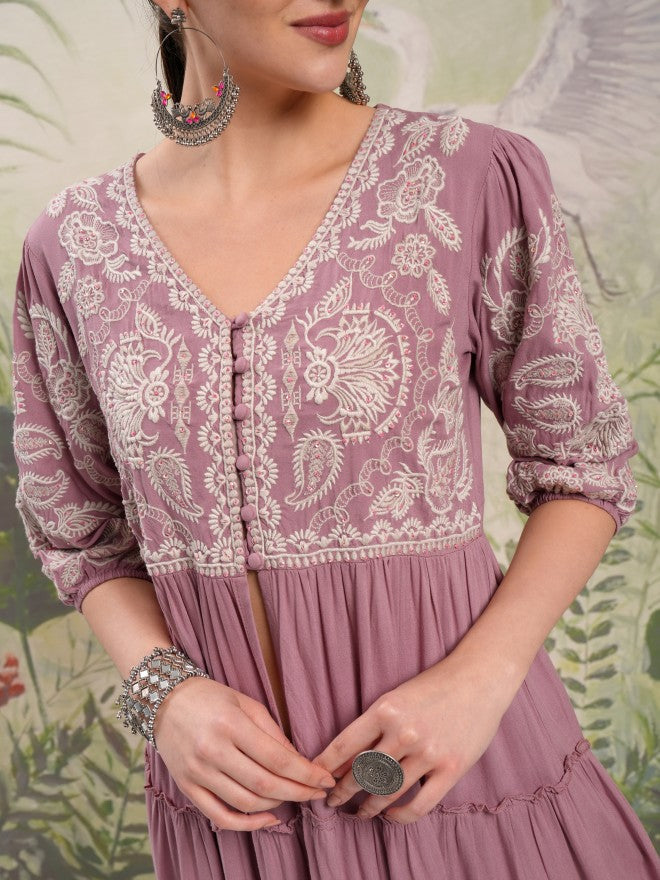 Vishudh Women Mauve Tunic With Trouser - Mauve - Image 5