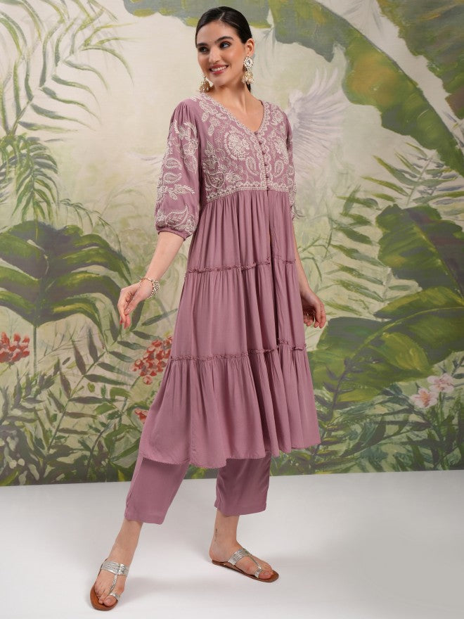 Vishudh Women Mauve Tunic With Trouser - Mauve - Image 6