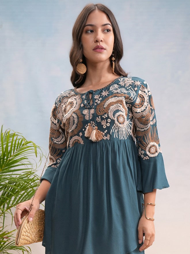 Vishudh Women Teal Top With Trouser - Teal - Image 1