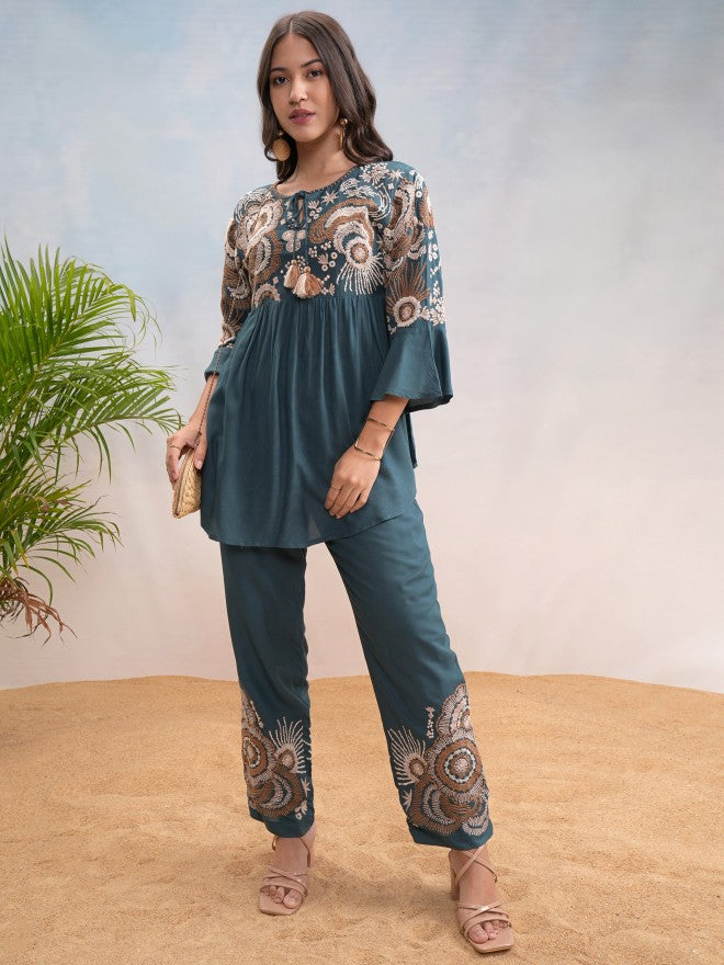 Vishudh Women Teal Top With Trouser - Teal - Image 2