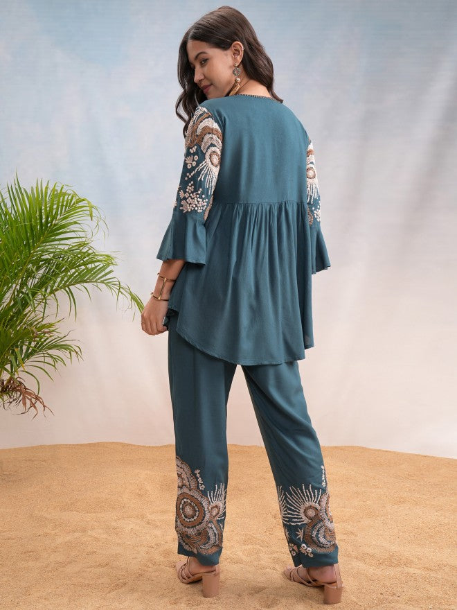 Vishudh Women Teal Top With Trouser - Teal - Image 3