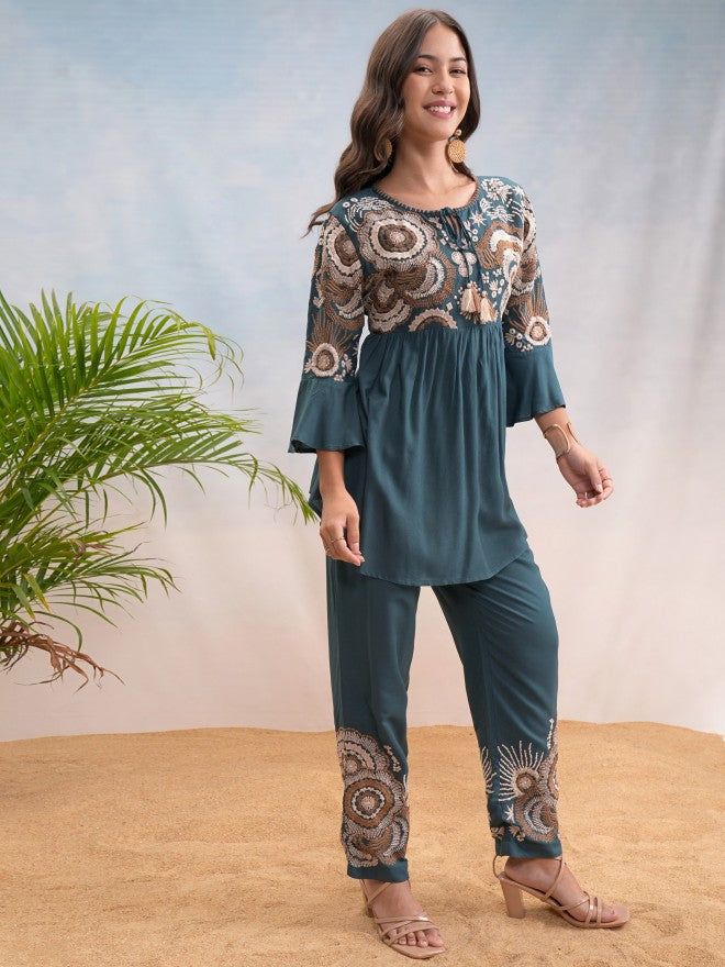 Vishudh Women Teal Top With Trouser - Teal - Image 6