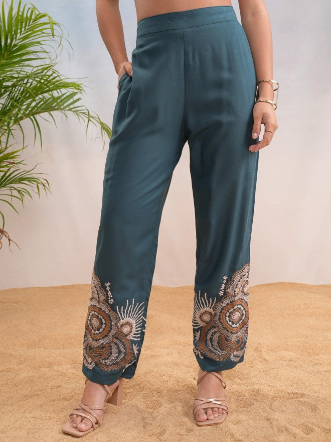 Vishudh Women Teal Top With Trouser - Teal - Image 7