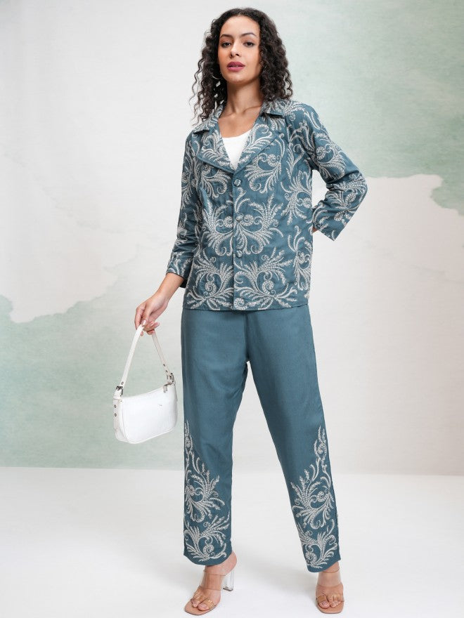 Vishudh Women Teal Blazer With Trouser - Teal - Image 2