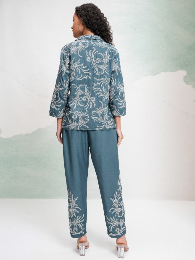 Vishudh Women Teal Blazer With Trouser - Teal - Image 3