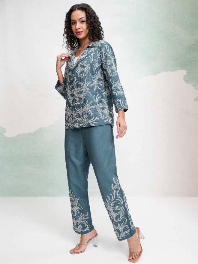 Vishudh Women Teal Blazer With Trouser - Teal - Image 4
