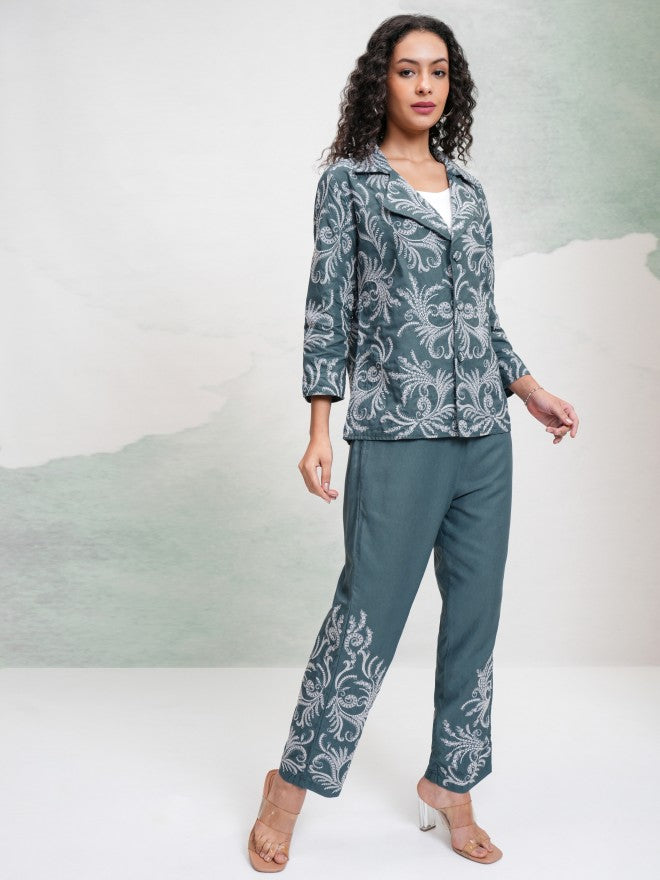 Vishudh Women Teal Blazer With Trouser - Teal - Image 6