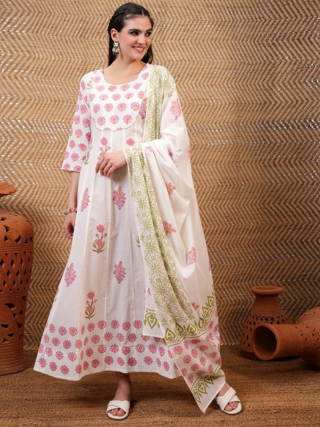 Vishudh Women White Printed A-Line Dress - White - Image 1