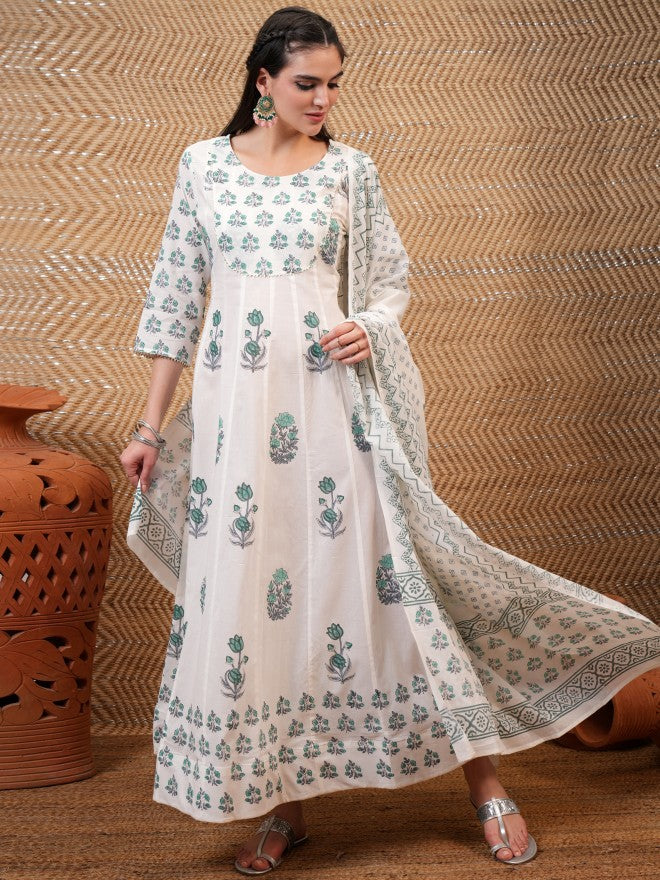 Vishudh Women White Printed A-Line Dress - White - Image 1