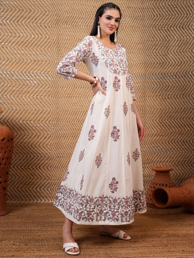Vishudh Women White Printed A-Line Dress - White - Image 6