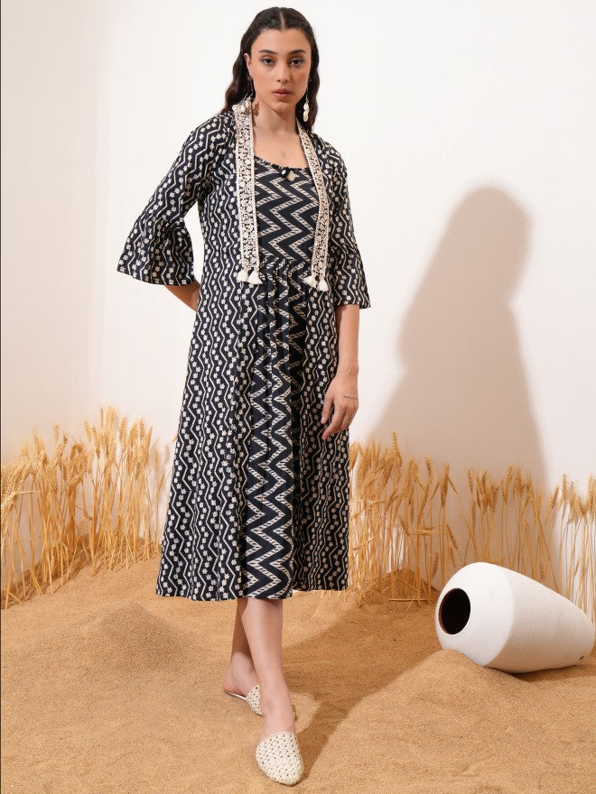 Vishudh Women Black Printed A-Line Dress - Black - Image 1