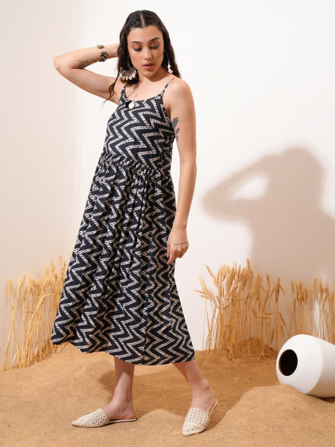 Vishudh Women Black Printed A-Line Dress - Black - Image 2