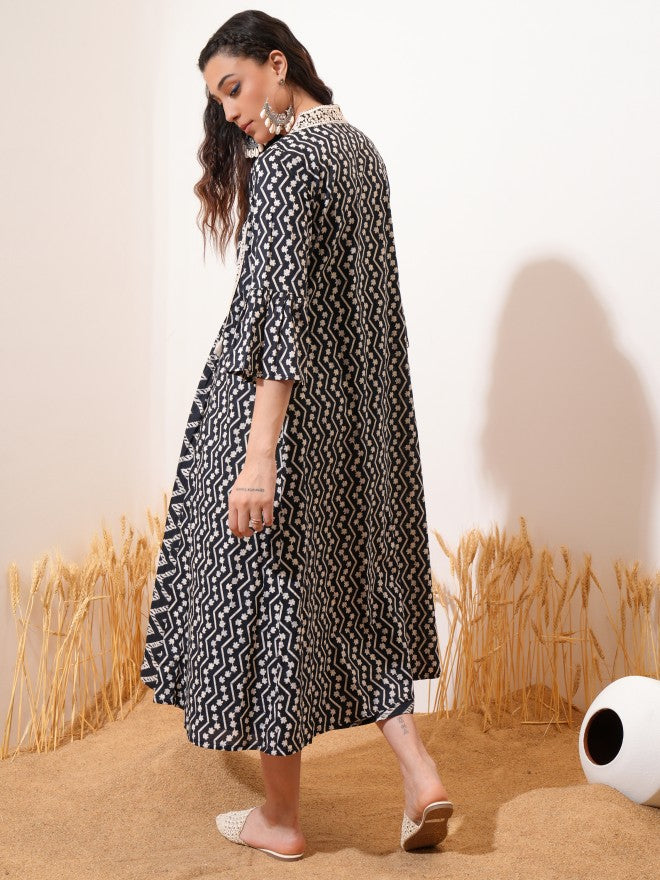 Vishudh Women Black Printed A-Line Dress - Black - Image 3